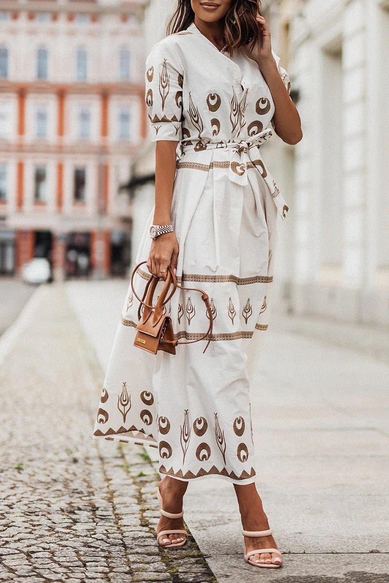 Women's Boho Print Self-Tie Midi Dress - White