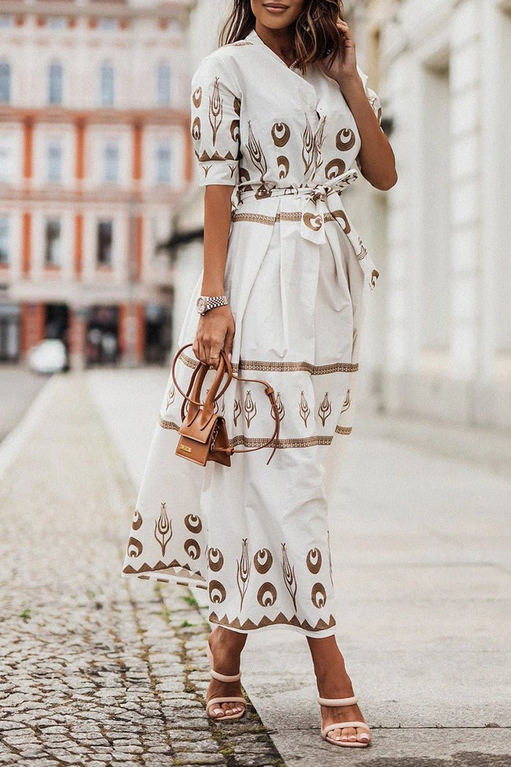 Women's Boho Print Self-Tie Midi Dress - White