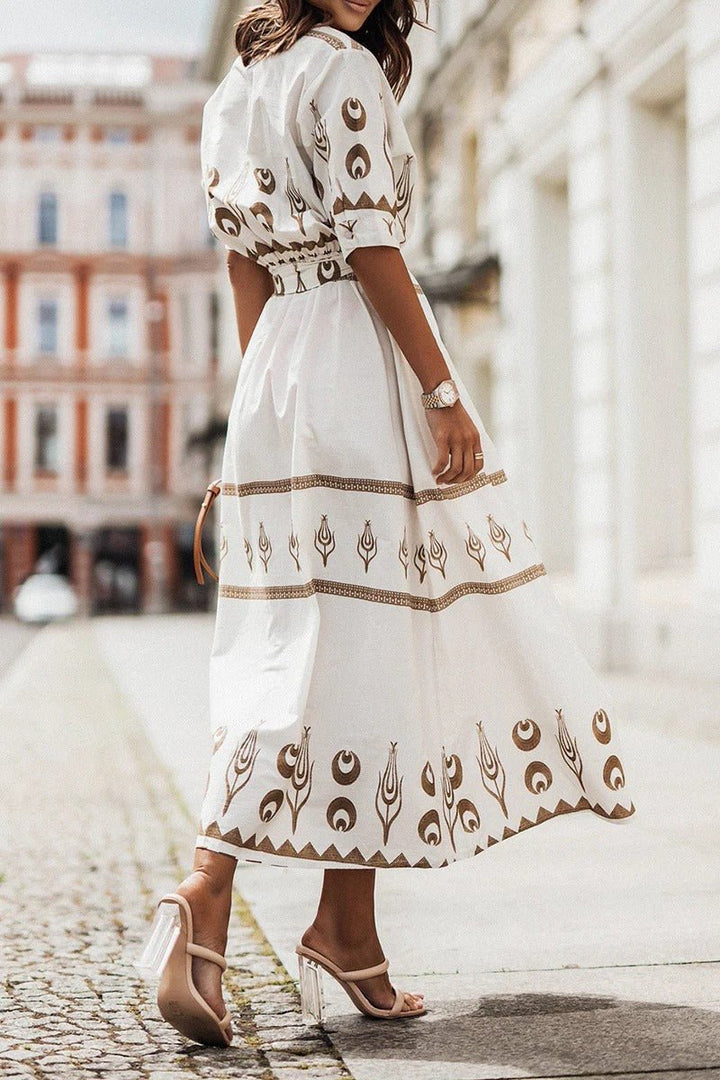 Women's Boho Print Self-Tie Midi Dress