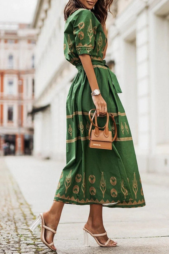 Women's Boho Print Self-Tie Midi Dress