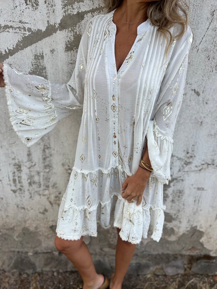 Women's Boho Three-Quarter Sleeve Tiered Mini Dress - White