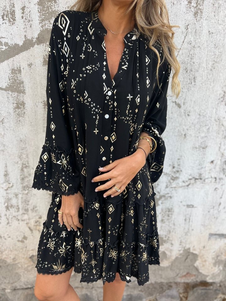 Women's Boho Three-Quarter Sleeve Tiered Mini Dress - Black