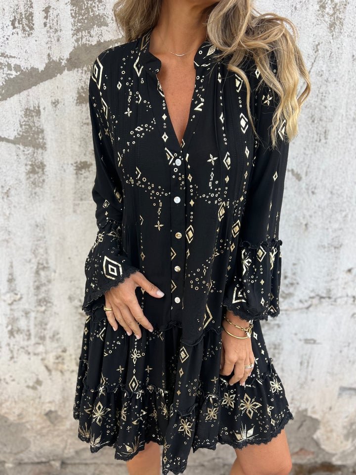 Women's Boho Three-Quarter Sleeve Tiered Mini Dress