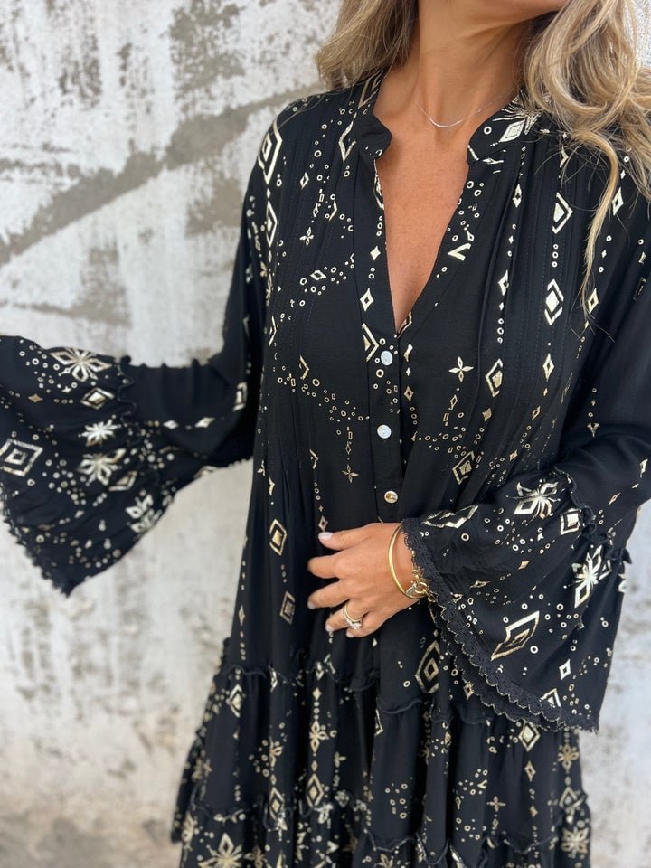 Women's Boho Three-Quarter Sleeve Tiered Mini Dress