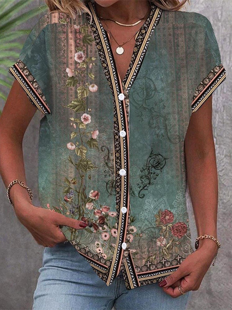 Women's Boho V-Neck Blouse Lightweight Floral Short Sleeve