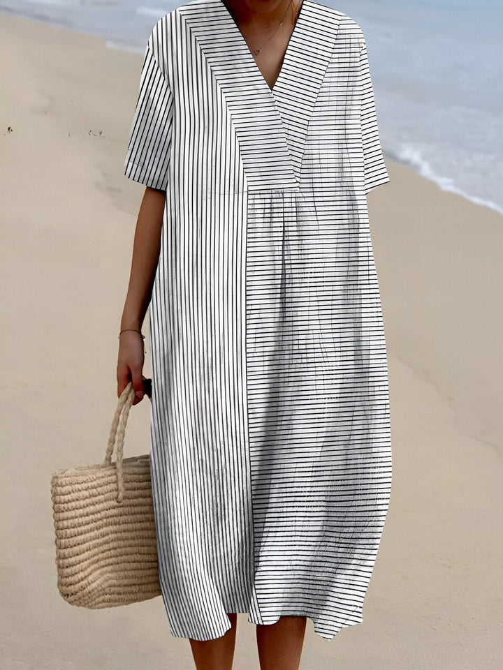 Women's Boho V-Neck Short-Sleeve Striped Midi Dress - Stripe White