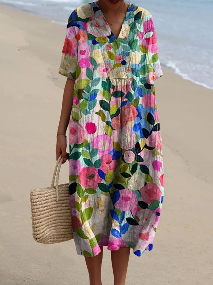 Women's Boho V-Neck Short-Sleeve Striped Midi Dress - Colorful