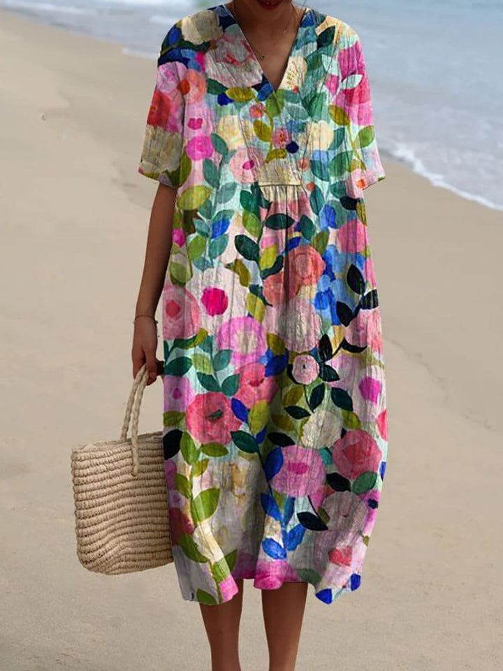 Women's Boho V-Neck Short-Sleeve Striped Midi Dress - Colorful