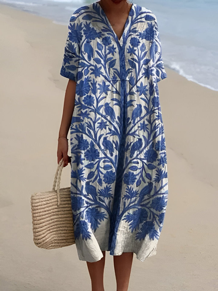 Women's Boho V-Neck Short-Sleeve Striped Midi Dress - Blue