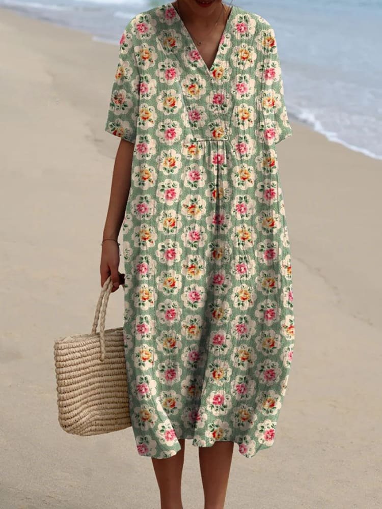 Women's Boho V-Neck Short-Sleeve Striped Midi Dress - Floral Green