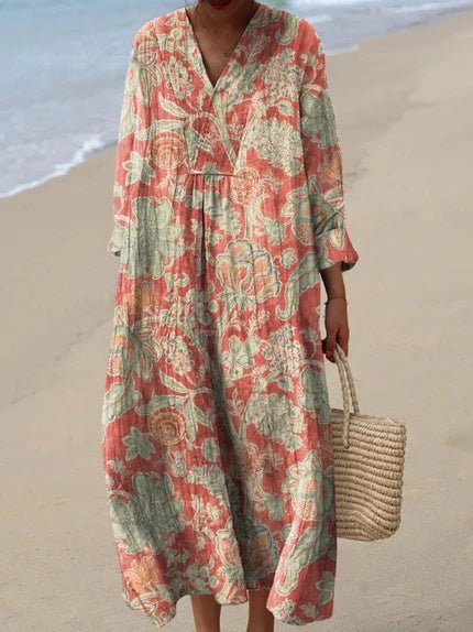 Women's Boho V-Neck Short-Sleeve Striped Midi Dress - Floral Orange