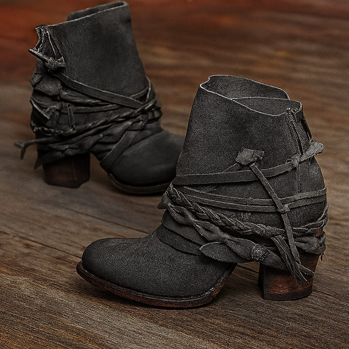 Women's Boho Western Wrap-Strap Block-Heel Ankle Boots - Grey