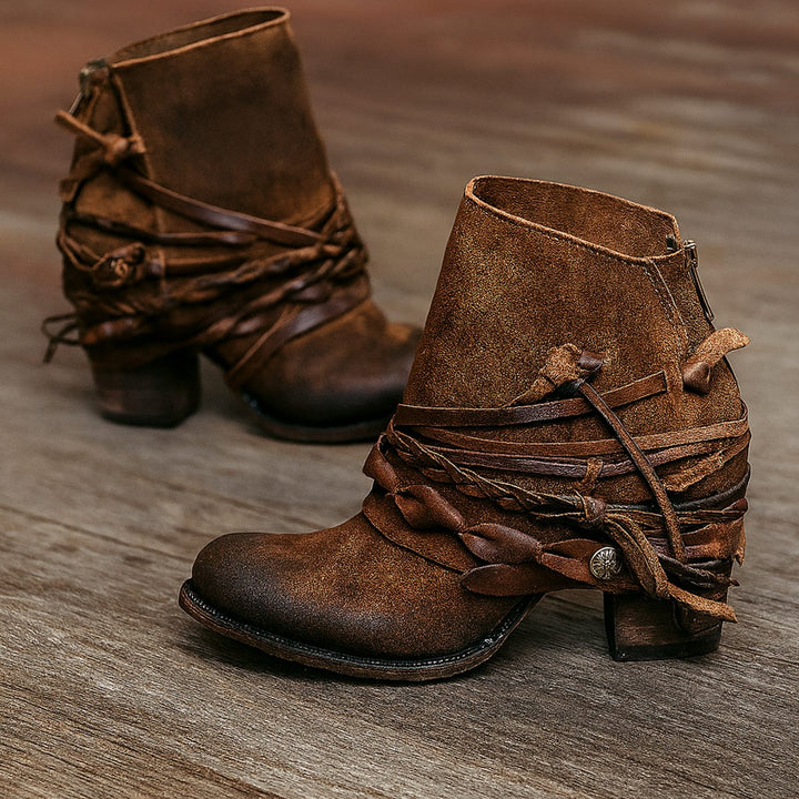 Women's Boho Western Wrap-Strap Block-Heel Ankle Boots - Brown