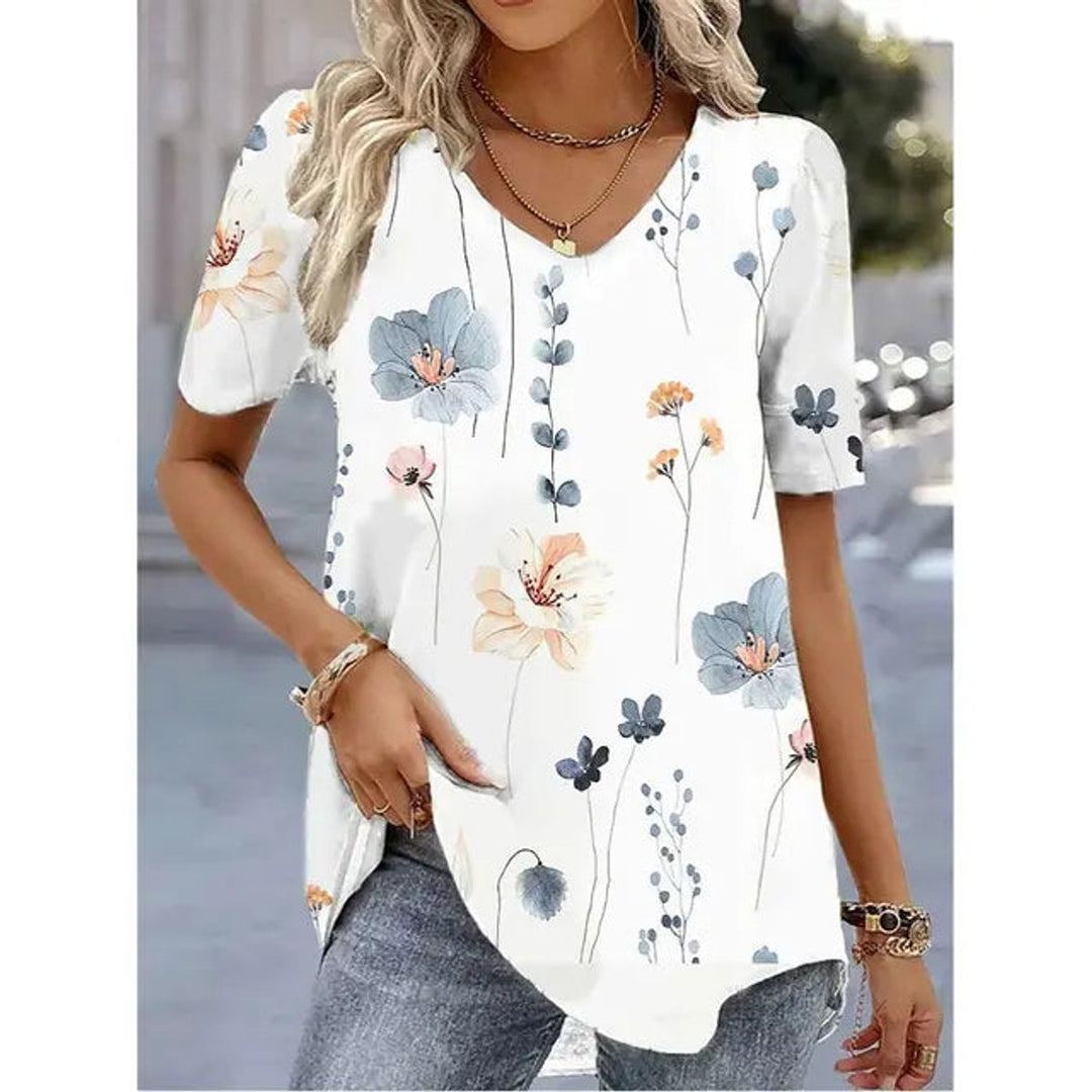 Women's Botanical Floral V-Neck Short Sleeve Top - White