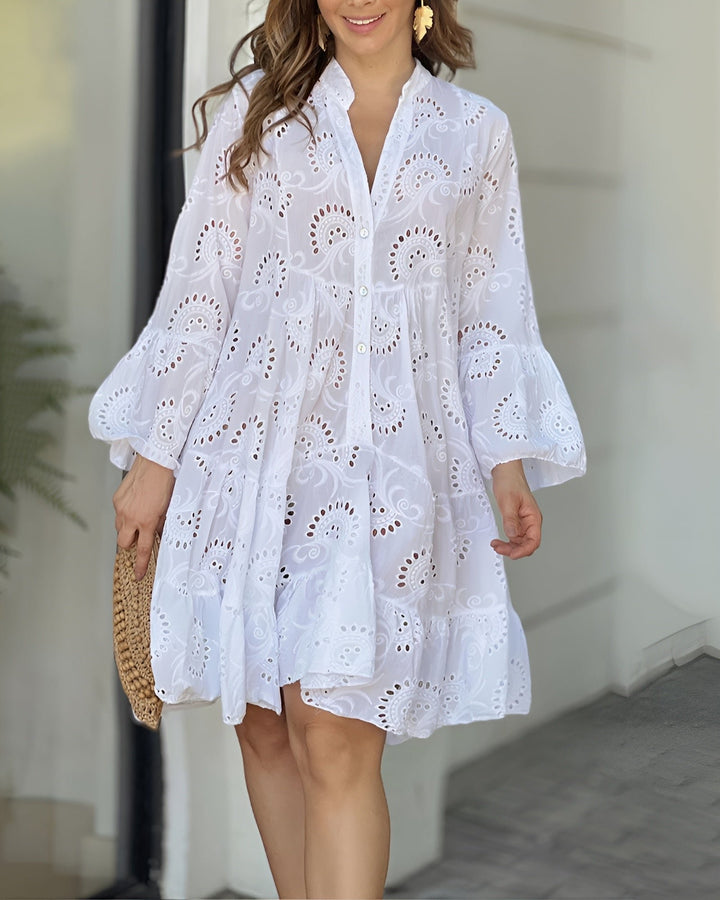 Women's Broderie Anglaise Flowy Tiered Mini Shirt Dress - White