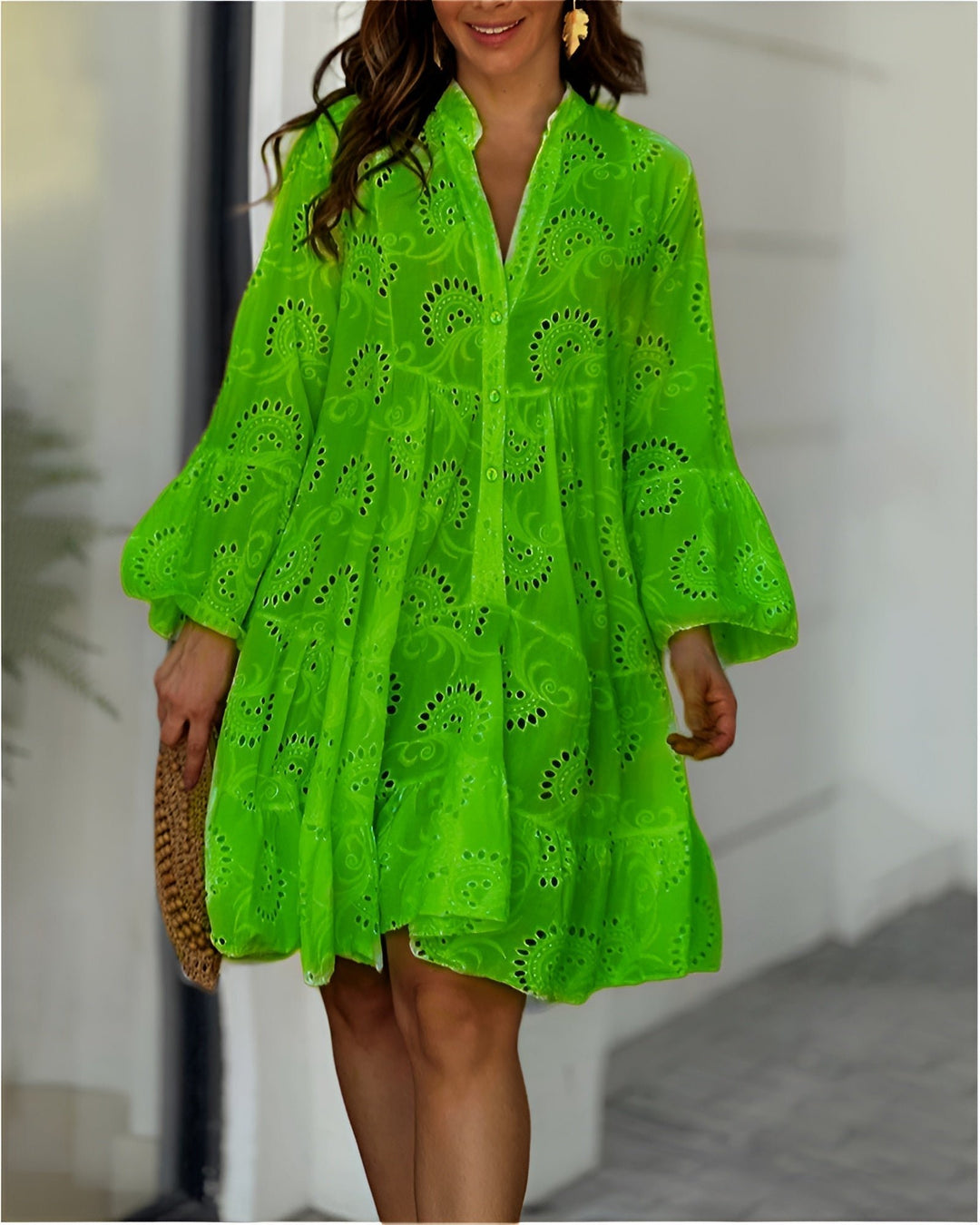 Women's Broderie Anglaise Flowy Tiered Mini Shirt Dress - Green