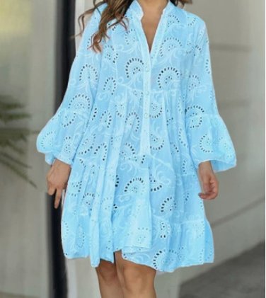 Women's Broderie Anglaise Flowy Tiered Mini Shirt Dress - Blue