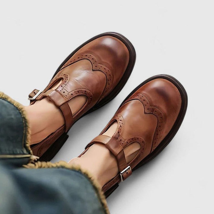 Women's Brogue Leather Buckle T-Strap Shoes Round Toe Flats - Brown