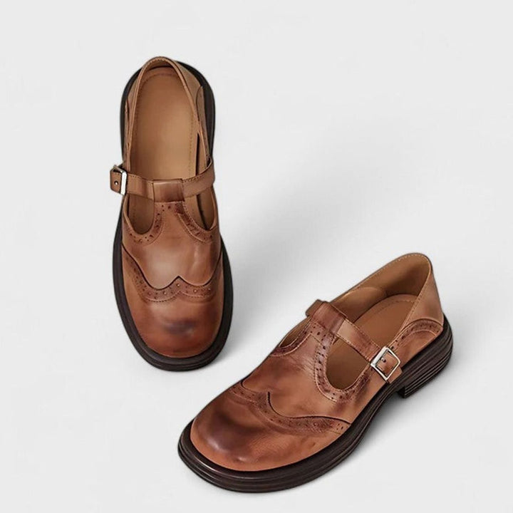 Women's Brogue Leather Buckle T-Strap Shoes Round Toe Flats
