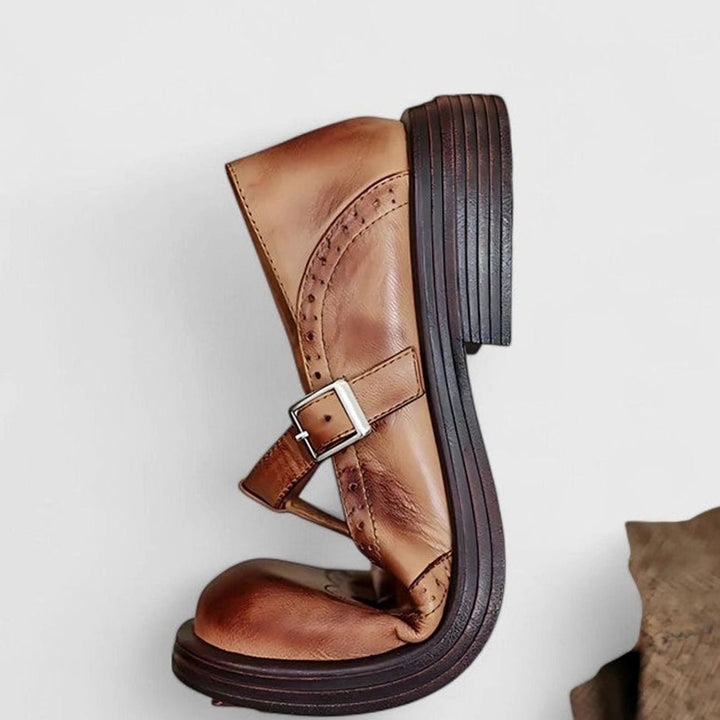 Women's Brogue Leather Buckle T-Strap Shoes Round Toe Flats