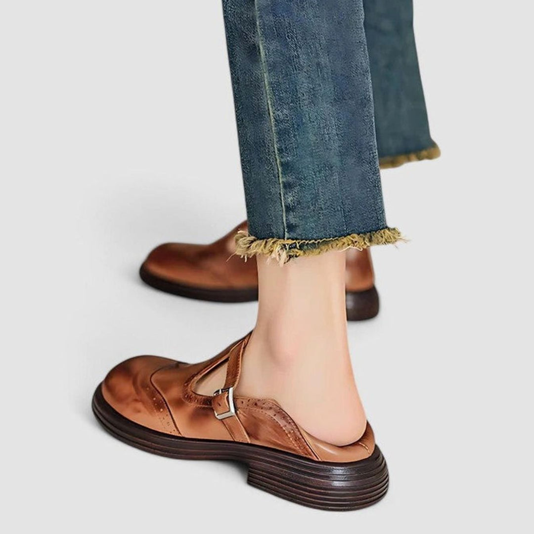 Women's Brogue Leather Buckle T-Strap Shoes Round Toe Flats
