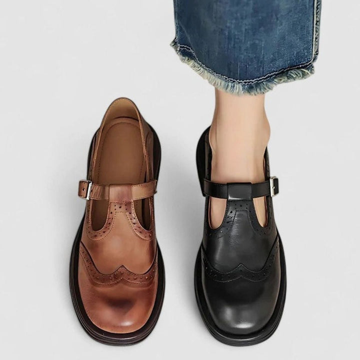 Women's Brogue Leather Buckle T-Strap Shoes Round Toe Flats