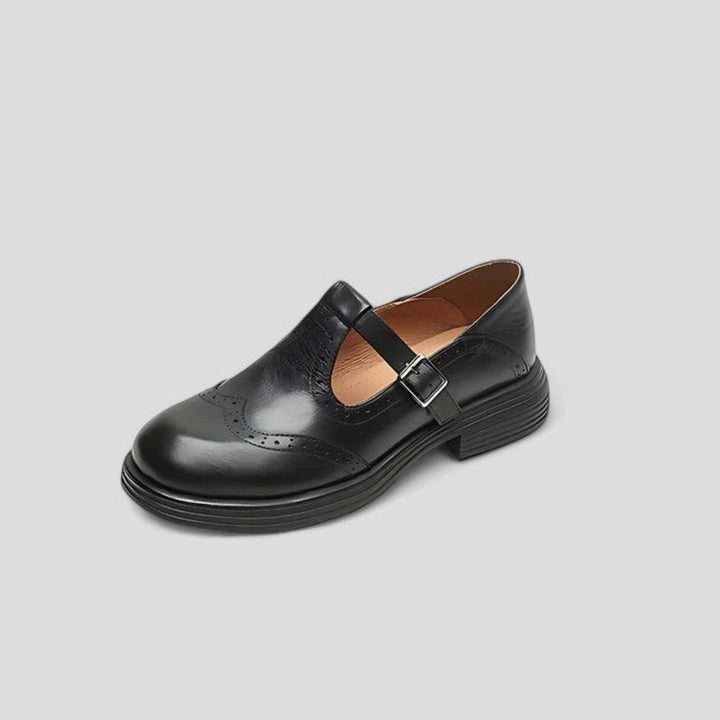 Women's Brogue Leather Buckle T-Strap Shoes Round Toe Flats