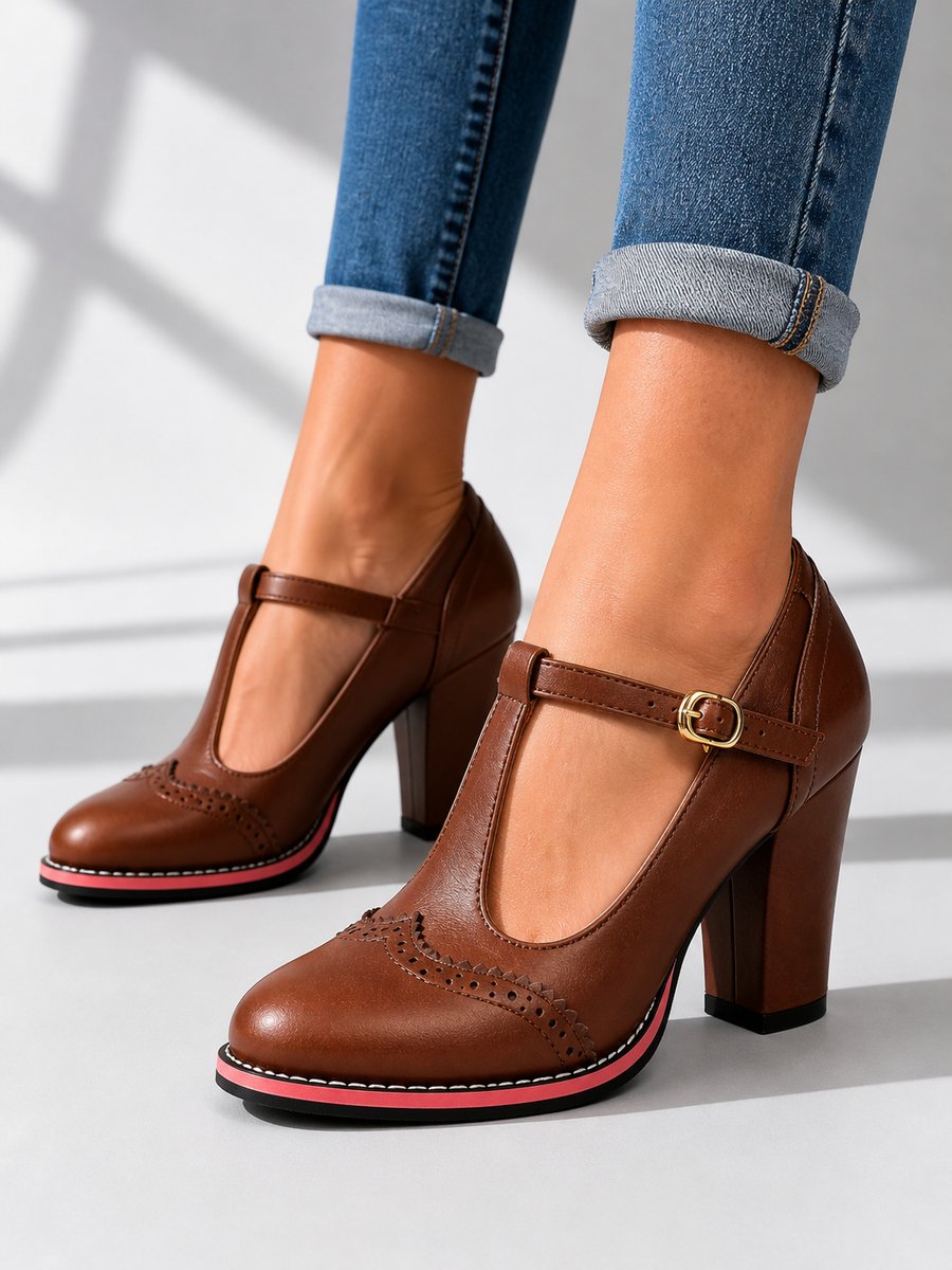 Women's Brogue T-Bar Block Heel Boots Leather-Look - Brown