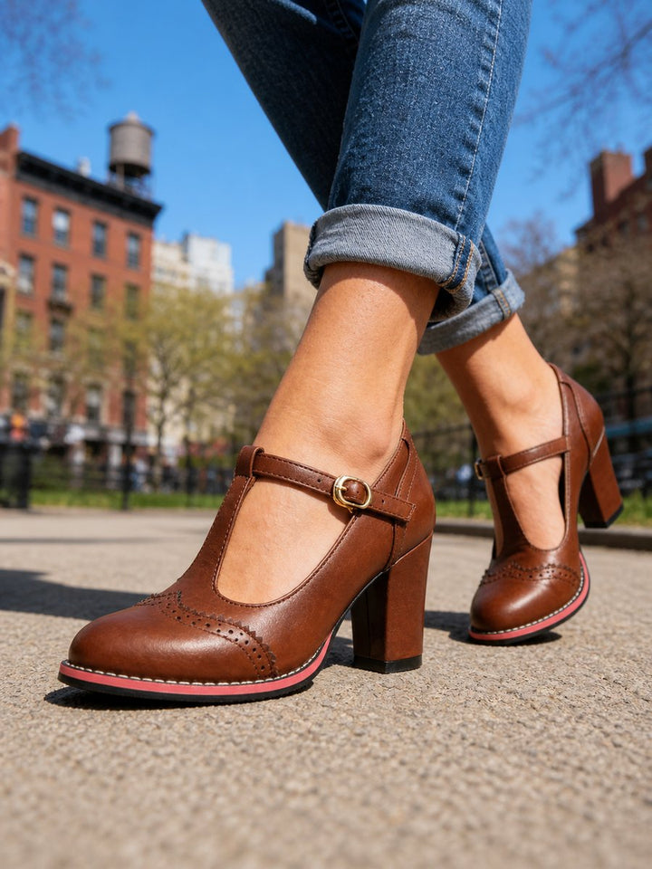 Women's Brogue T-Bar Block Heel Boots Leather-Look