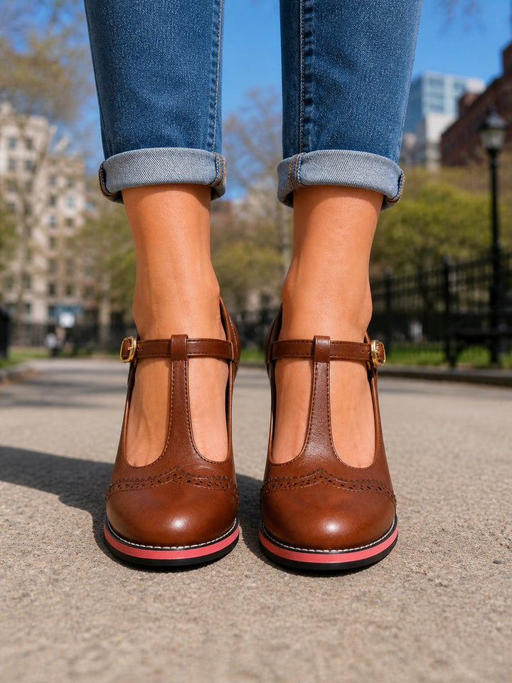 Women's Brogue T-Bar Block Heel Boots Leather-Look