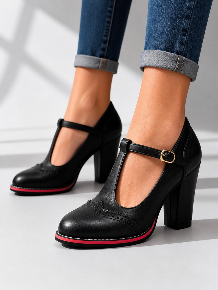 Women's Brogue T-Bar Block Heel Boots Leather-Look - Black