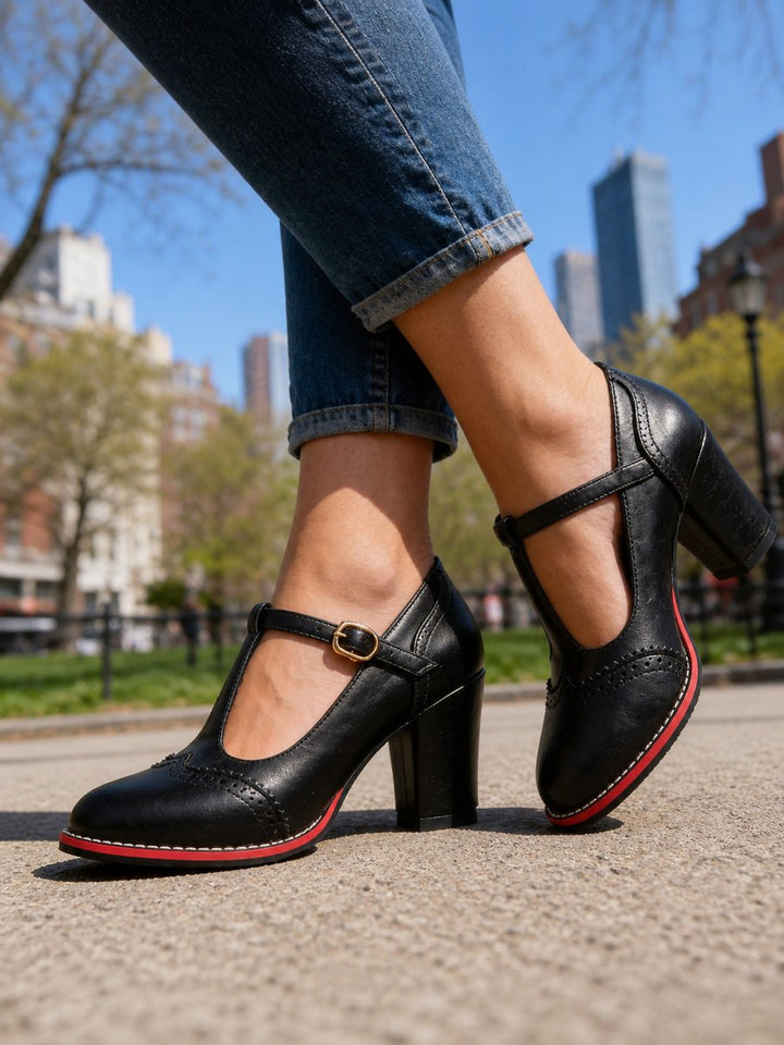 Women's Brogue T-Bar Block Heel Boots Leather-Look