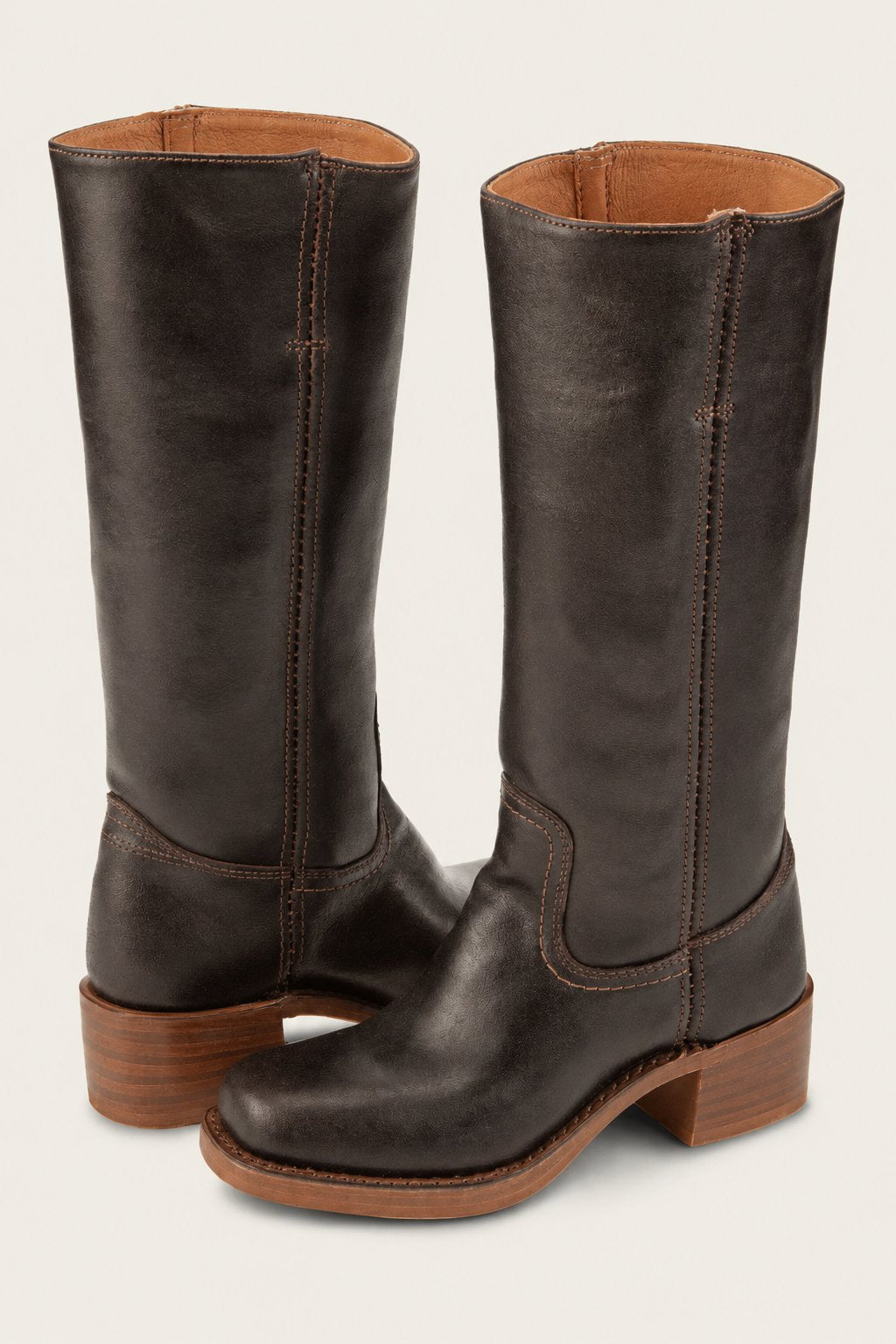 Women's Brown Leather Knee-High Block Heel Boots - Brown