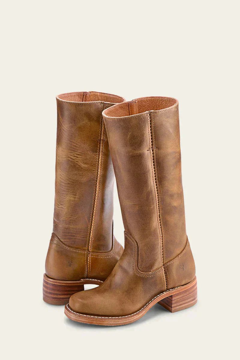 Women's Brown Leather Knee-High Block Heel Boots - Khaki