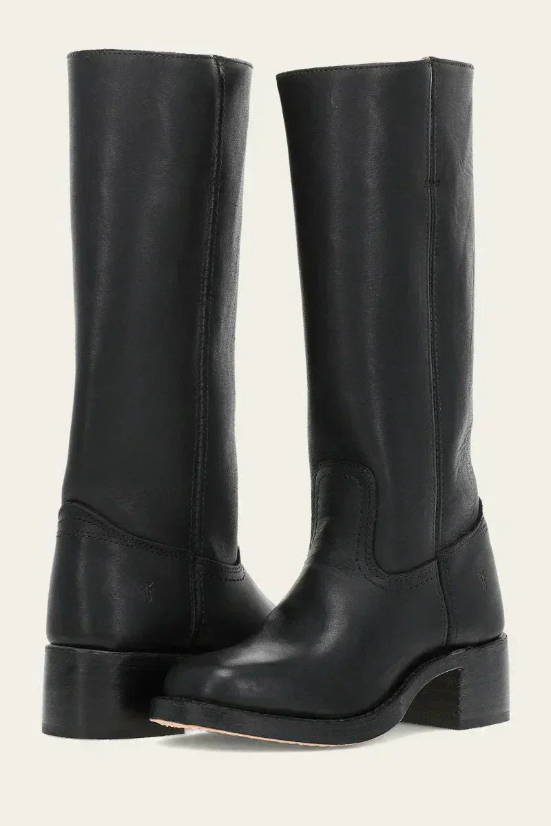 Women's Brown Leather Knee-High Block Heel Boots - Black