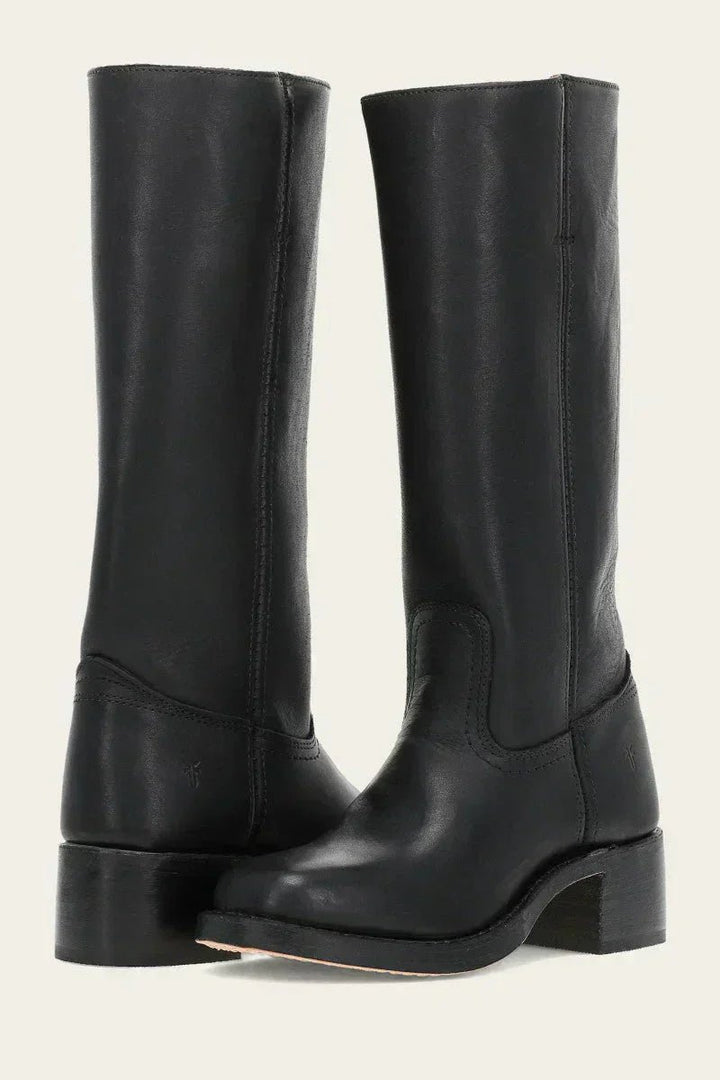 Women's Brown Leather Knee-High Block Heel Boots - Black