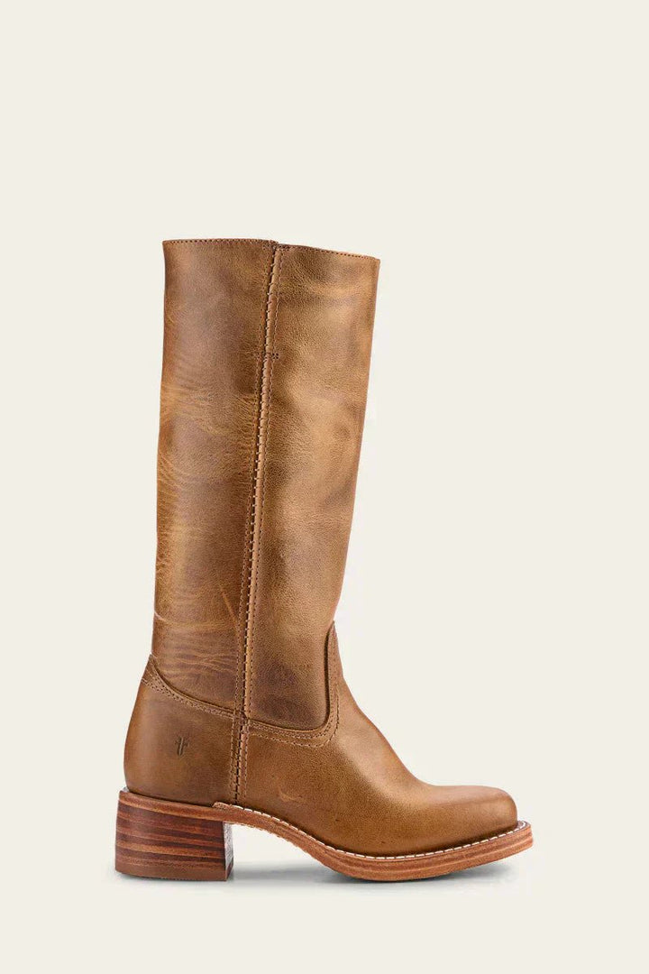 Women's Brown Leather Knee-High Block Heel Boots