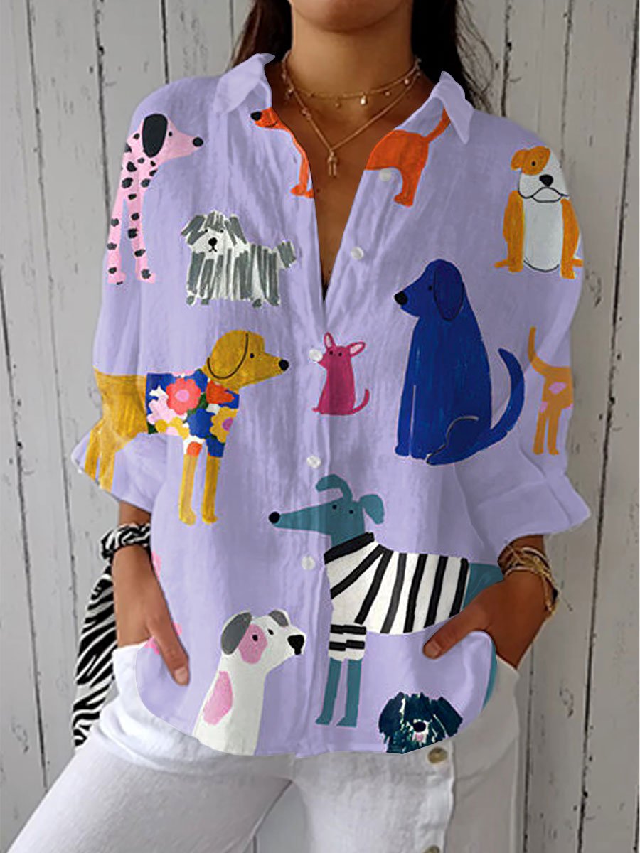 Women's Button-Front Blouse Dog Print Long Sleeve - Multicolor