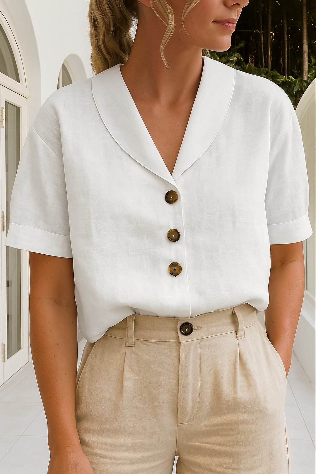 Women's Button-Up Blouse V-Neck Short Sleeve Classic - White