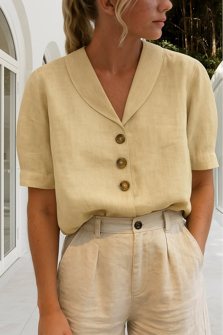 Women's Button-Up Blouse V-Neck Short Sleeve Classic - Beige