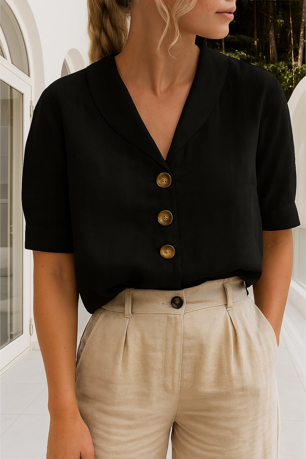 Women's Button-Up Blouse V-Neck Short Sleeve Classic - Black