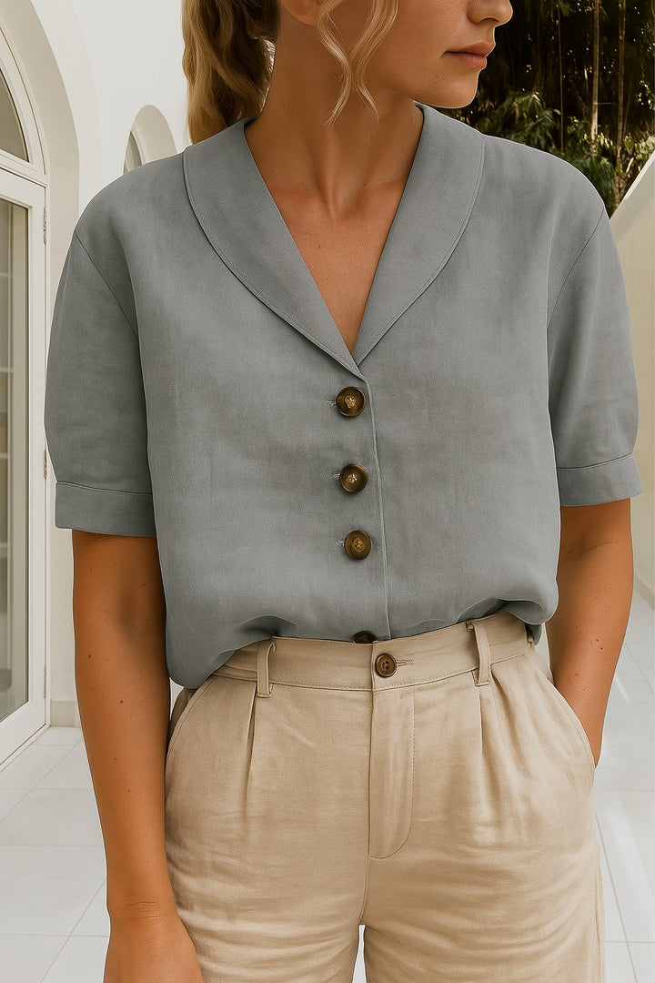 Women's Button-Up Blouse V-Neck Short Sleeve Classic - Grey
