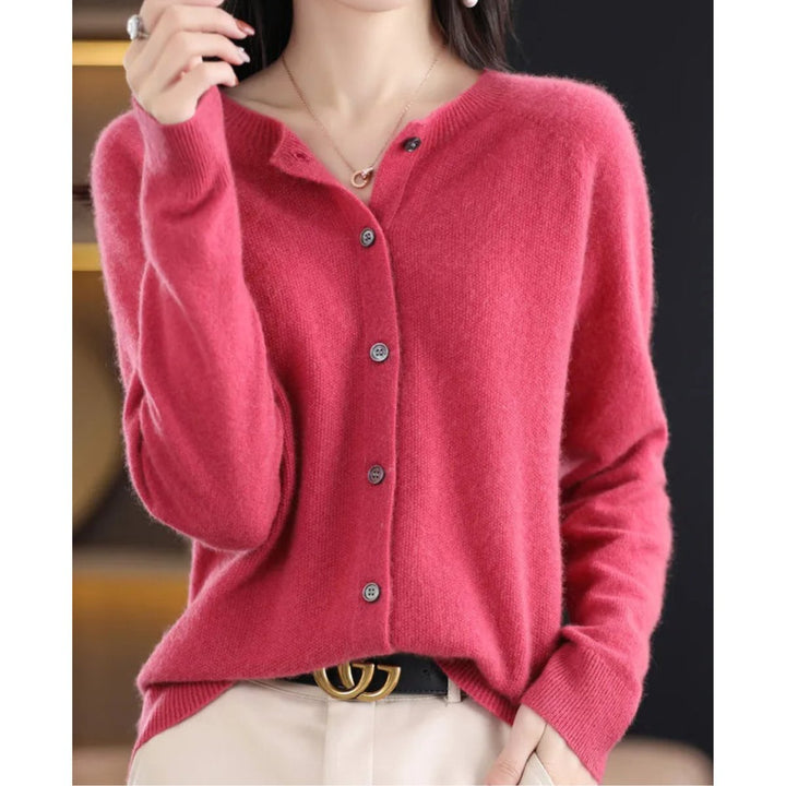 Women's Button-Up V-Neck Cashmere Knit Cardigan - Dark Pink