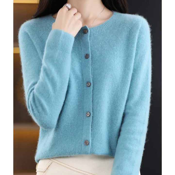 Women's Button-Up V-Neck Cashmere Knit Cardigan - Light Turquoise