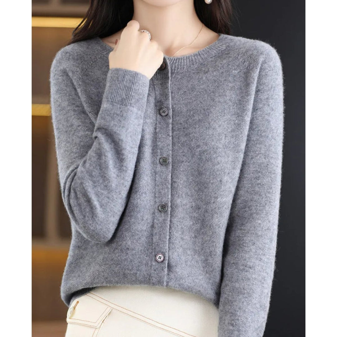 Women's Button-Up V-Neck Cashmere Knit Cardigan - Grey