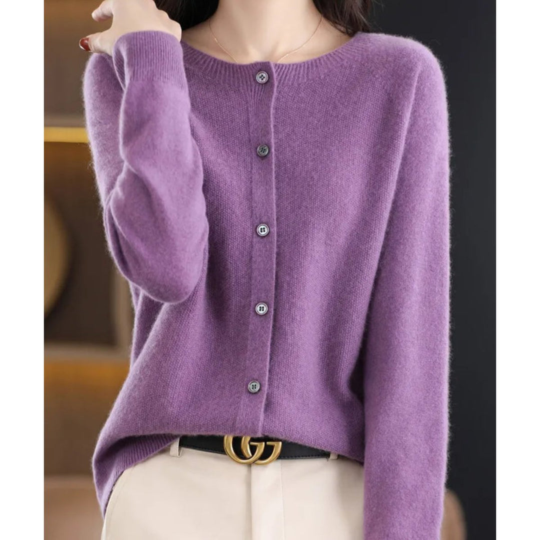Women's Button-Up V-Neck Cashmere Knit Cardigan - Lilac