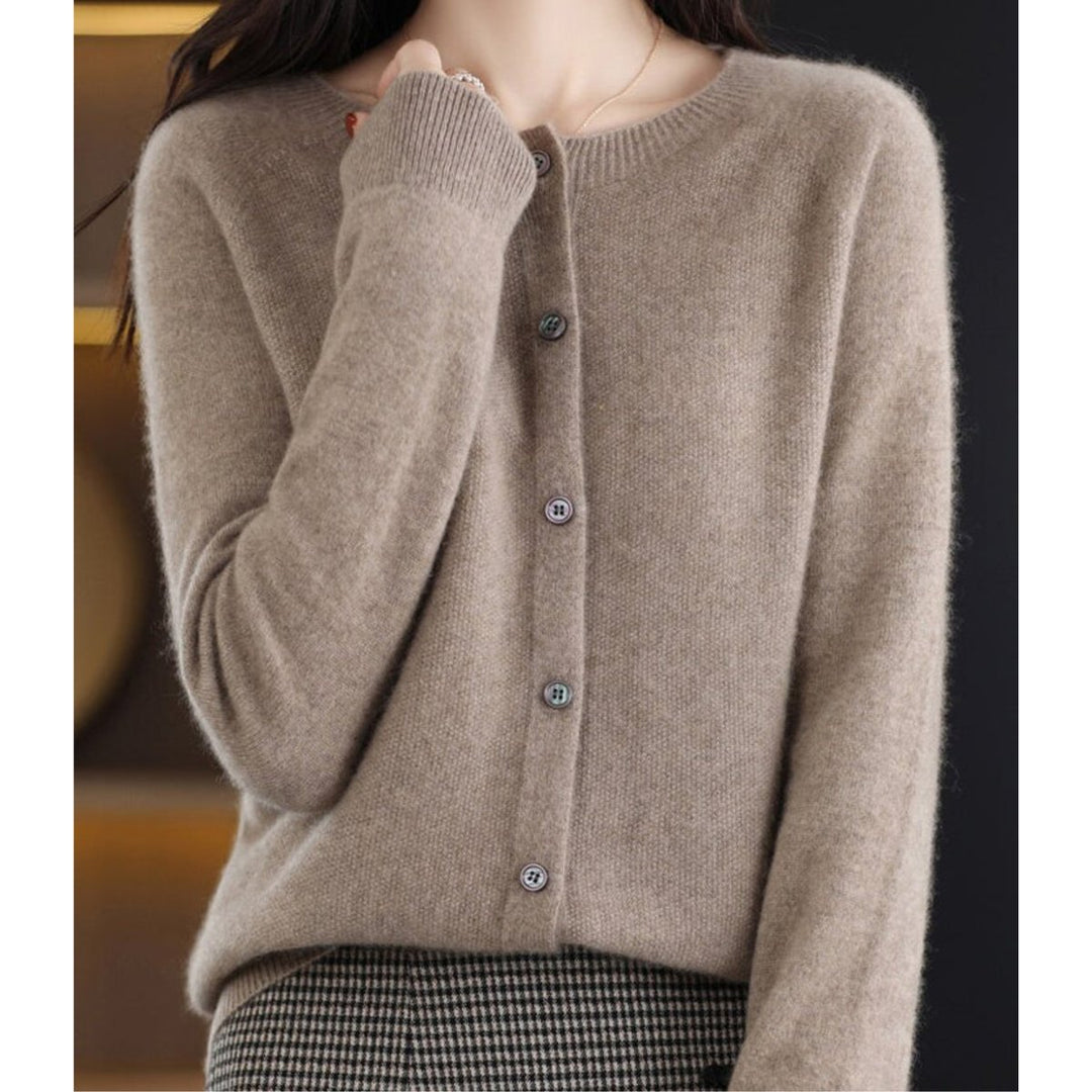 Women's Button-Up V-Neck Cashmere Knit Cardigan - Brown