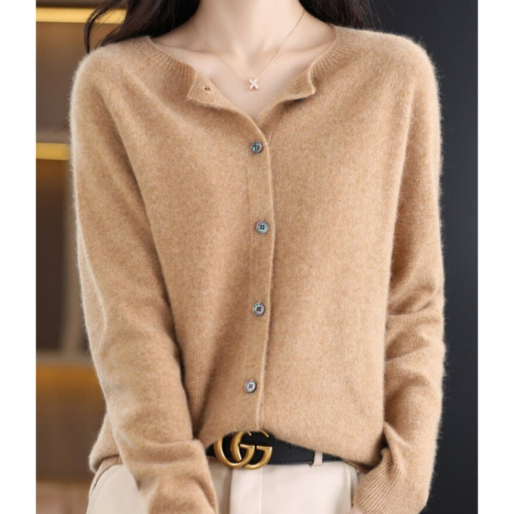Women's Button-Up V-Neck Cashmere Knit Cardigan - Light Brown