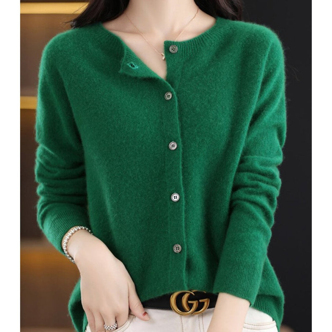 Women's Button-Up V-Neck Cashmere Knit Cardigan - Dark Green