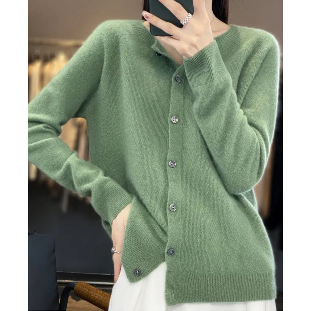 Women's Button-Up V-Neck Cashmere Knit Cardigan - Light Green